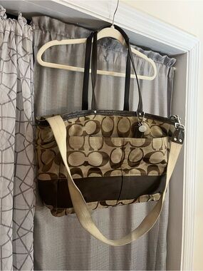 Coach F13803 Lurex Signature C Brown Canvas Diaper Tote Travel Bag X-Large